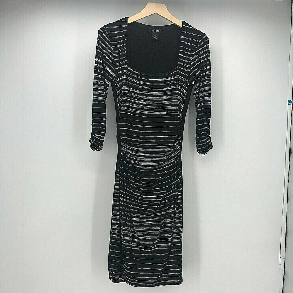 White House Black Market Dress Womens XS Black Gray White Stripe Ruched Bodycon